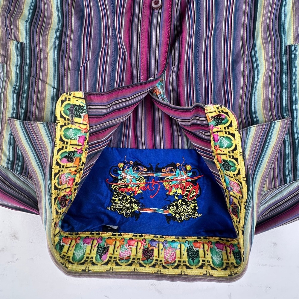 Robert Graham Mens Large Button‎ Up Shirt Purple Striped Embroidered Scooter L - Picture 11 of 16
